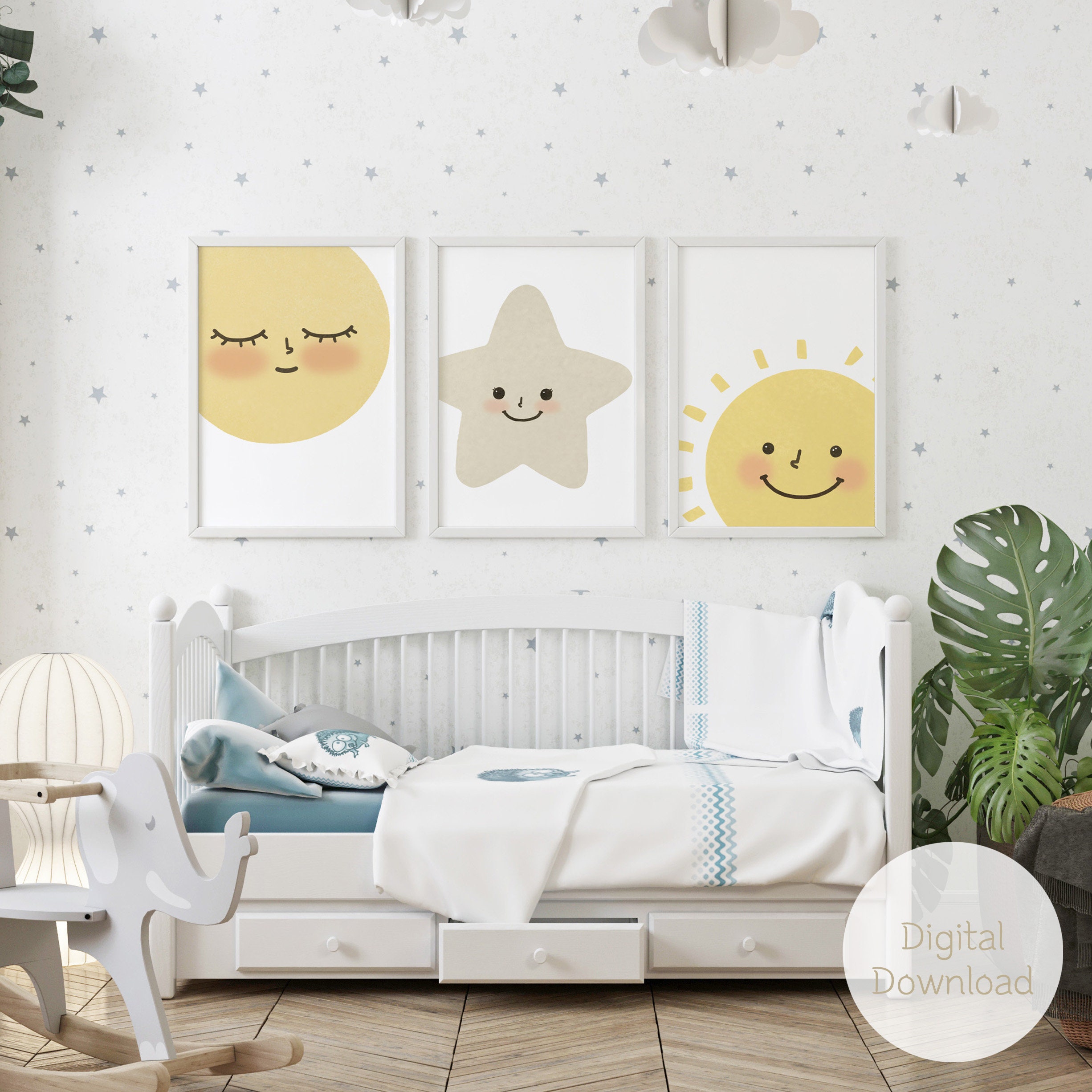 Sun, Moon, Star Nursery Wall Art Set / Nursery Set of 3 / Cute Baby ...