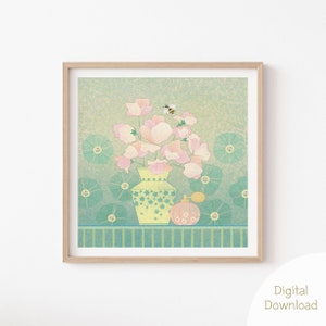 Póster de arte de pared imprimible con flor de guisante dulce, póster con ilustración de jarrón de flores, bonitos estampados para guardería, decoración de pared para sala de estar