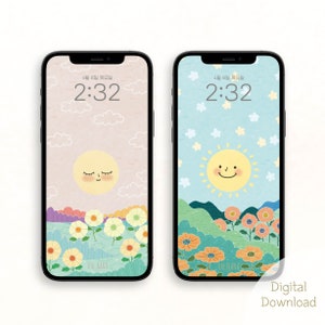 Moon and Sun illustration Phone Wallpapers, iPhone Background, Mobile Lock Screen, Screensaver Android, Digital Download, Flower Wallpaper