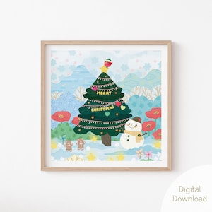 Merry Christmas  illustration Poster, Cute Snowman Printable wall art Prints, Christmas Tree Baby room Decor, Kids Room Wall Art, Home Decor