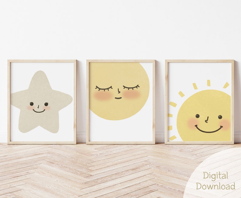 Sun, Moon, Star Nursery Wall Art Set / Nursery Set of 3 / Cute Baby ...