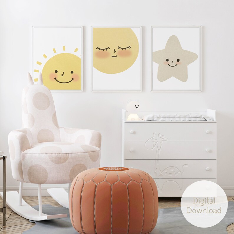 Sun, Moon, Star Nursery Wall Art Set / Nursery Set of 3 / Cute Baby ...
