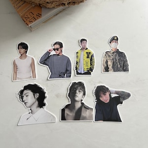 BTS stickers 3&quot; - long curly hair suga, long curly hair jk, jin in military uniform | weatherproof/laminated with glossy finished