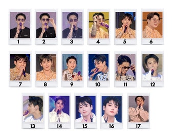 May include: A collage of 17 Polaroid-style photographs featuring a person singing into a microphone. The photos are arranged in a grid of three rows and five columns. The person is wearing various outfits, including a black shirt, a white shirt, a blue shirt, and a pink shirt. The photos are all taken in a dimly lit setting.