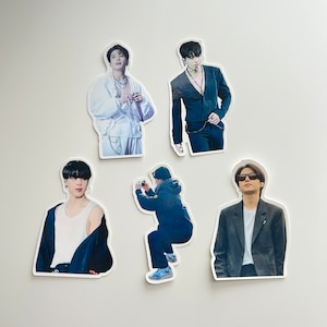 BTS stickers 3&quot; - Suga squatting/shades, JK concert outfit/tatted arm, Jimin with lip piercing| weatherproof/laminated with glossy finished