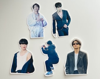 BTS stickers 3&quot; - Suga squatting/shades, JK concert outfit/tatted arm, Jimin with lip piercing| weatherproof/laminated with glossy finished