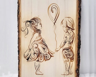 Young Love Children Wood Burn Wall Hanging