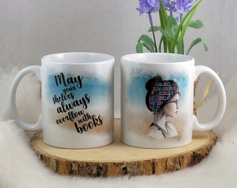 May Your Shelves Always Overflow with Books, Girl with Books in Her Head 11 oz Mug