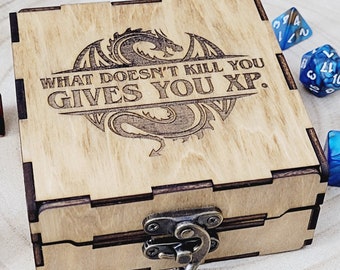Square Latching Dice Box/Vault What Doesn't Kill You Gives You XP Dragon