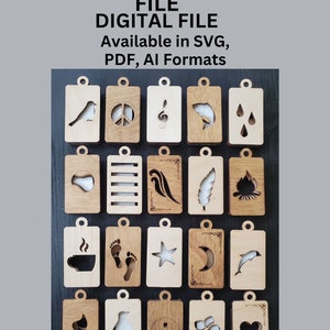 Könnte beinhalten: Holz-Laser-Cut-Datei-Designs in verschiedenen Formen, darunter ein Vogel, ein Friedenszeichen, eine Musiknote und mehr. Der Text oben lautet: "LASER CUTTING FILE DIGITAL FILE Available in SVG, PDF, AI Formats."