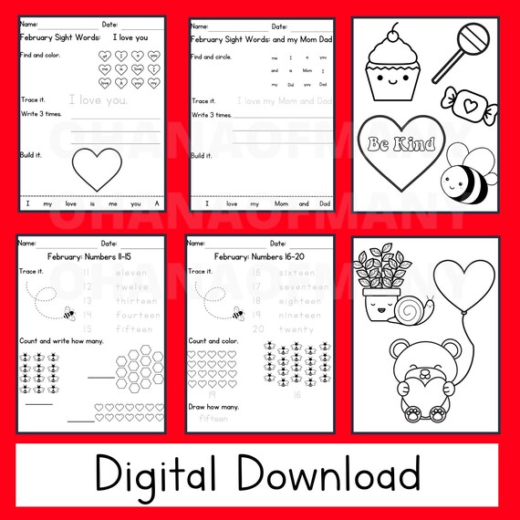 printable worksheets for pre k kindergarten february sight etsy india