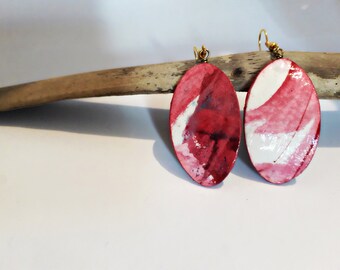 Oval Romantic Magenta Pink earrings, Dangle Drop Handmade Paper Unique  Light earrings, Handpainted earrings