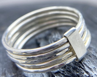 Shiny hammered skinny sterling silver set of 5 rings- silver rings with a clip- Handcrafted