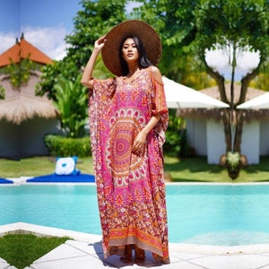 Long Caftan, Gift for her, Kaftan Maxi Dress,Summer Dress, Coverup Dress, One Size Fits All, Pink Brown Multi, B797