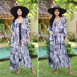 Maxi jacket, Kimono Robe,Hand tie dyed, Oversize, Resort  Kimono, Side Slits, Belt, OS fits all, Black White, C110