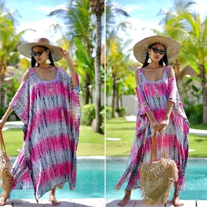Bohemian, Beach Cover-up, Kaftan Dress, Hand Tie Dye, Vacation, One Size Fits All, B195 Pink Gray Brown