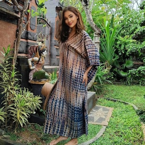 Bali Caftan, Hand Tie Dye, Bohemian Caftan, Maxi Dress, Kaftan Dress, Vacation, V NeckLine, Resort Wear, OSFA, Navy Coffe Brown, C988