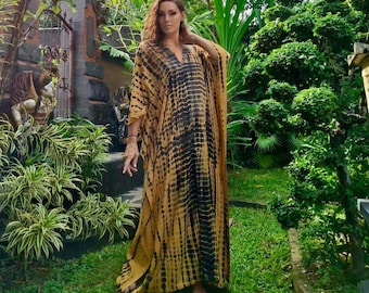 Maxi Caftan, Hand Tie Dye, Maxi Dress, Kaftan Dress, Vacation, V NeckLine, Resort Wear, OSFA, Yellow Black, BL159 BouLaLa
