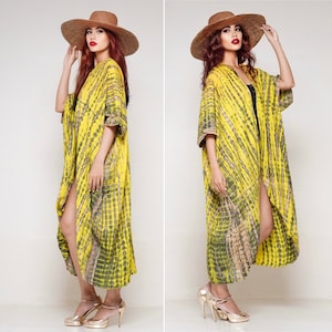 Cover-up Kimono, Boho Jacket, Hand tie dyed, Vacation Kimono, One Size OS fits All, Yellow Multi, C658