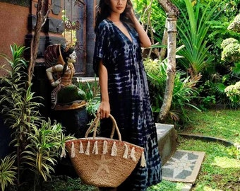 Hand Tie Dye, Caftan Maxi Dress, Tiered KAFTAN DRESS, Generous Size, Rayon Voile, V NeckLine, Resort Wear, OSFA, Black Gray, D039