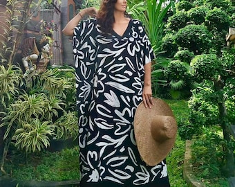 V Ausschnitt, Kaftan Kleid, Maxikleid, Boho Kaftan, Schwarze Zierleiste, Urlaub,Resort Wear, OSFA, Weiß Schwarz, BL148, BouLaLa