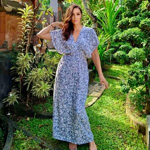 Maxi Dress, Summer Dress, Sundress, Elastic, Travel, Sexy Dress, S M L XL 1X, White Gray Print, BL120, BouLaLa