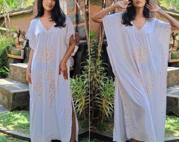 Maxi Dress, Embroidery Caftan, Kaftan Dress, Boho Caftan, Slit Side, Sequin, Vacation, V NeckLine, Resort Wear, OSFA, White, D045