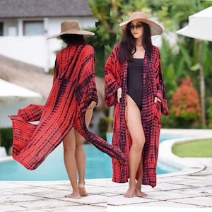 Bata kimono, boho, regalo, teñido a mano, chaqueta maxi, aberturas laterales, cinturón, sistema operativo para todos, negro rojo B276