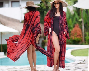 Kimono Robe, Boho, Gift, Hand tie dyed, Maxi jacket, side slits, belt, OS fits all, Black Red B276