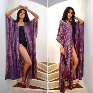 Vacation Kimono, Handmade, Cover-up Kimono, Robe Kaftan Jacket, Hand tie dyed, Summer Kimono, One Size OS fits All, Purple Brown B843