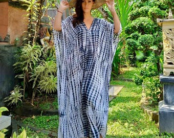 Boho Caftan, Hand Tie Dye, Maxi Dress, Kaftan Dress, Vacation, V NeckLine, Resort Wear, OSFA, White Black, BL156 BouLaLa