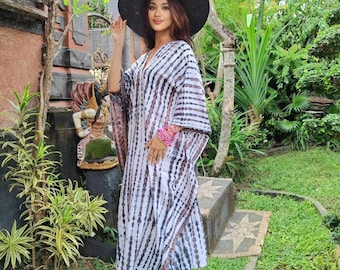 Maxi Dress, Bali Caftan, Hand Tie Dye, Kaftan Dress, Bohemian Caftan, Vacation, V NeckLine, Resort Wear, OSFA, White Brown Black, C990