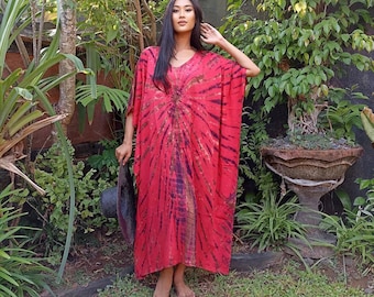 Robe caftan, teinture à nouer à la main, robe Maxi, Boho Caftan, vacances, en stock 1 seulement, encolure en V, tenue de villégiature, OSFA, brun rose chaud, C868