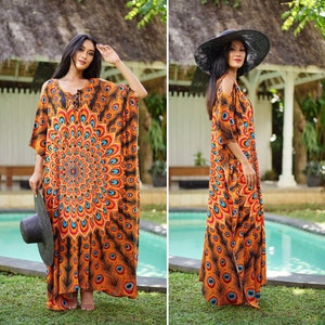 Oversized, Batik Dress, Kaftan Dress, Caftan Maxi Dress, Sexy Beach Dress, Swim cover up, Resort wear, One size fits All, Orange Black, B963