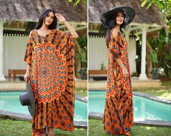 Oversized, Batik Dress, Kaftan Dress, Caftan Maxi Dress, Sexy Beach Dress, Swim cover up, Resort wear, One size fits All, Orange Black, B963