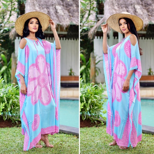 Robe Maxi Caftan, Robe Boho Batik, Robe Kaftan, Robe de plage, Couverture, Surdimensionné, Vêtements de villégiature, Taille unique, Bleu Rose, B966