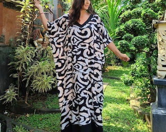 Boho Kaftan, Maxi Kleid, Schwarze Zierleiste, Kaftan Kleid, Urlaub, V Ausschnitt,Resort Wear, OSFA, Schwarz Weiß Orange, BL146, BouLaLa