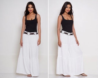 Boho Pant, Tiered Pants, Palazzo Pant, Rayon Crinkle, Wide Leg Pant, White Pant, B724