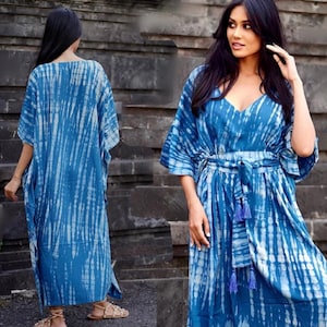 Kaftan, Oversize, Tassel Belt, Blue Gray, Beach, Vacation, Maxi Dress, Caftan, Hand Made Tie Dye, OSFA B568