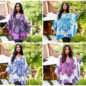 Gift for her, Oversized, Pullover, Batik Boho Top, Blouse, Ruffle Poncho, Short Dress, Holiday Cover-up, BouLaLa, One Size Fits All, C334
