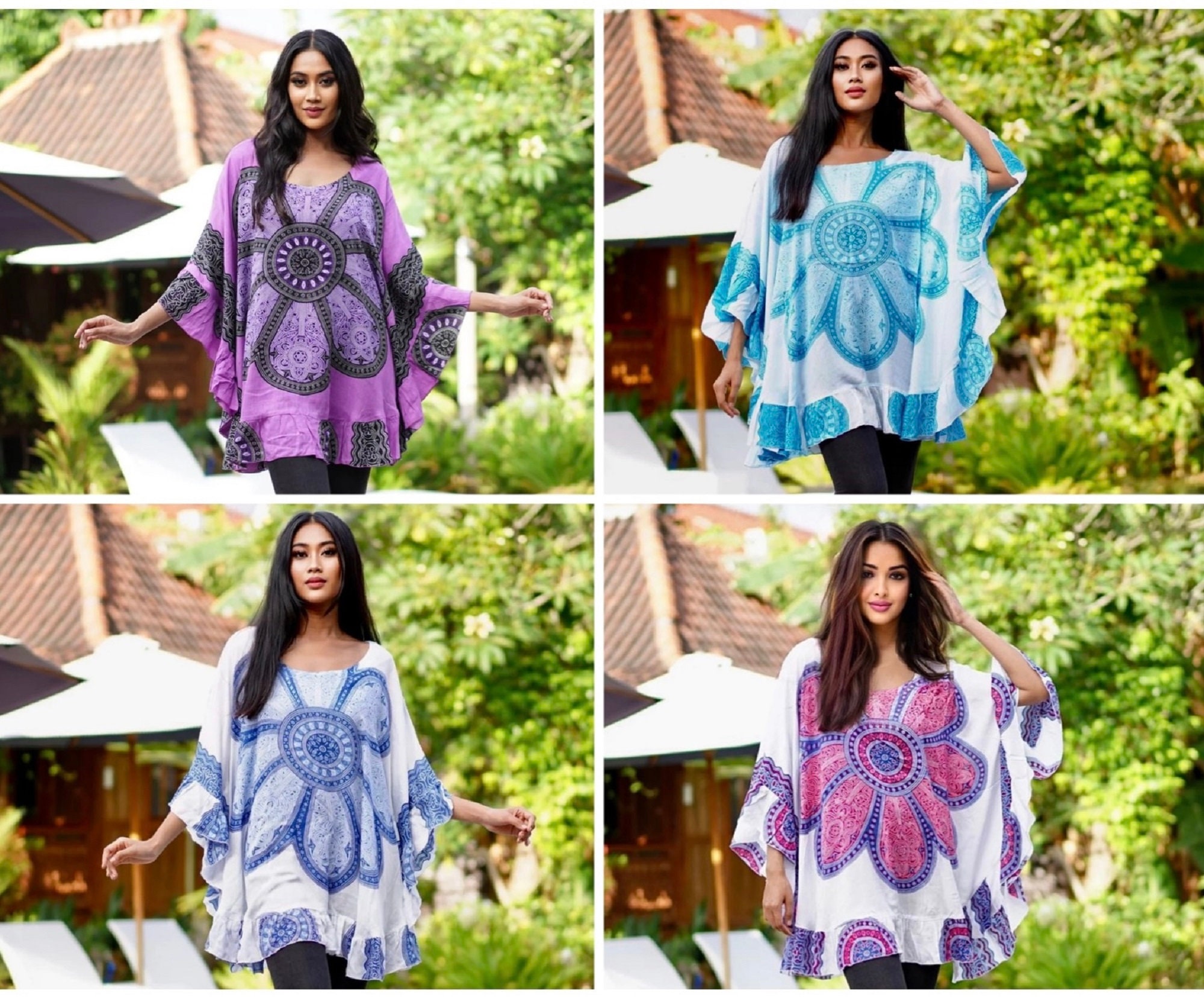 Gift for her, Oversized, Pullover, Batik Boho Top, Blouse, Ruffle Poncho, Short Dress, Holiday Cover-up, BouLaLa, One Size Fits All, C334