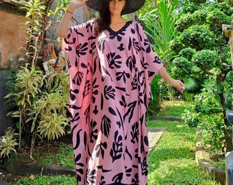 Maxi Dress, Boho Caftan, Black Trim, Kaftan Dress, Vacation, V NeckLine, Resort Wear, OSFA, Black Pink, BL145, BouLaLa
