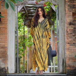 Tie-Dye Dress, Oversize Kaftan, Bohemian Caftan, Lounge, V Neckline, Maxi Dress, Holiday Dress, OSFA Mustard S M L XL 1X 2X 3X, C261