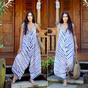 Romper Playsuit, Hand Tie Dye, Oversized Jumpsuit, Beach Cover-up, Wide Leg Pant, Plus Size, One Size Fits All, White Black Jumpsuit, C172