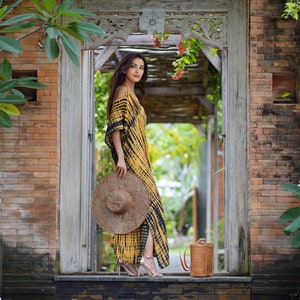 Boho Dress, Kaftan Maxi Dress, Women&#39;s Clothing, Tie dye, Beach Cover-up, Cold Shoulder, OSFA, S M L XL 1 2X 3X 4X, BouLaLa, Mustard, C268