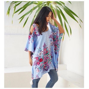 Cover-up, Poncho Tunic, Blue Top, Cold Shoulder, Embroidery Detail, Summer, One Size Fits All B616