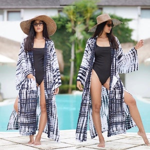 Oversize Kimono Robe Resort Hand tie dyed Maxi jacket side slits belt OS fits all Black White B278