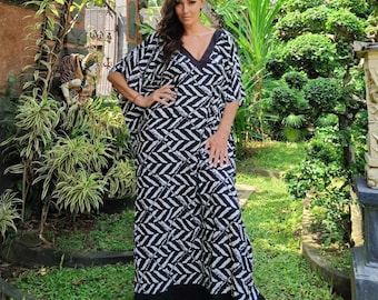 Maxi Dress, V NeckLine, Kaftan Dress, Boho Caftan, Black Trim, Vacation, Resort Wear, OSFA, Black White, BL149, BouLaLa