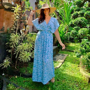 Abito lungo boho, abito estivo, prendisole, elastico, da viaggio, abito sexy, S M L XL 1X, stampa bianco-verde acqua, BL121, BouLaLa