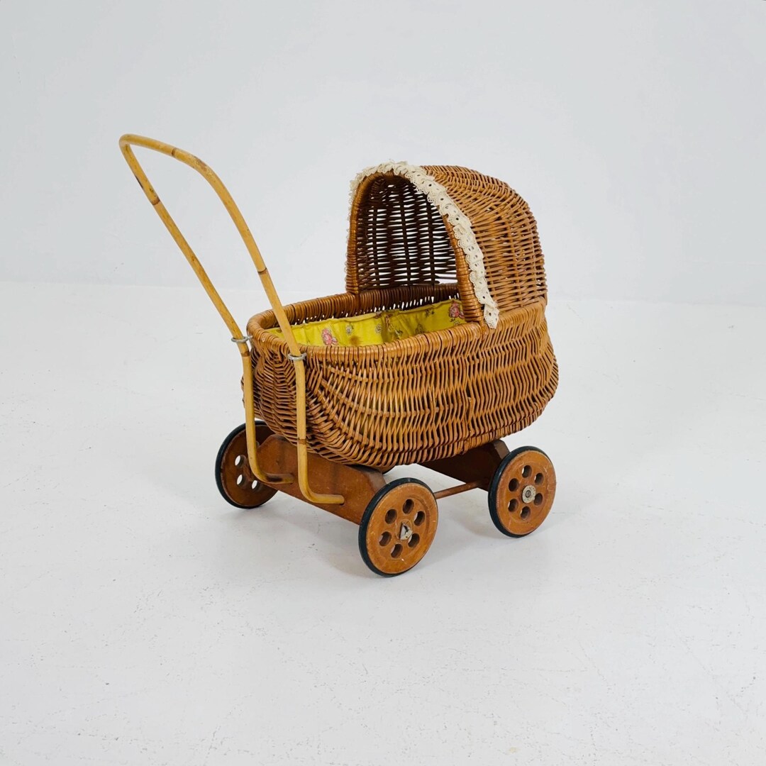 Vintage Wicker Doll Carriage | 1960s Handmade Rattan Doll Stroller With ...